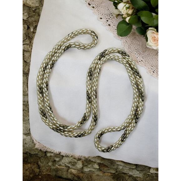 Vintage Faux Rice Pearl Necklace-Twisted Rope-Silver Tone Bead-Mid Century-42'' - Picture 1 of 5